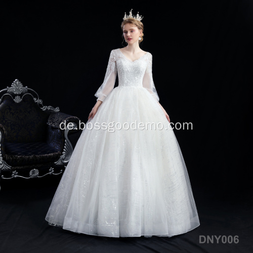 Neue elegante Braut Langarm V-Ausschnitt Spitze Applique Langarm Bräute Tull Weiß Elegante Langzug Hochzeitskleid